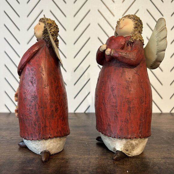 2 Curly Haired Angel Wing Figurines Red Robes Gold Heart Stars Christmas 6.5" - Picture 3 of 11